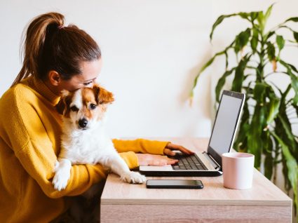 mulher com cão ao colo a trabalhar em casa a usufruir da flexibilidade no trabalho