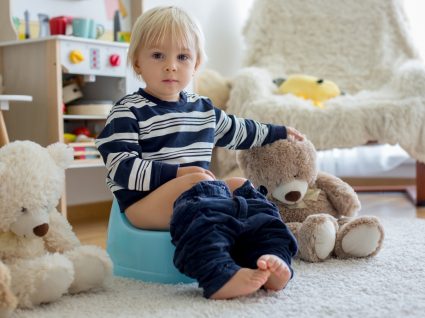 bebe sentado no pote com brinquedos à volta