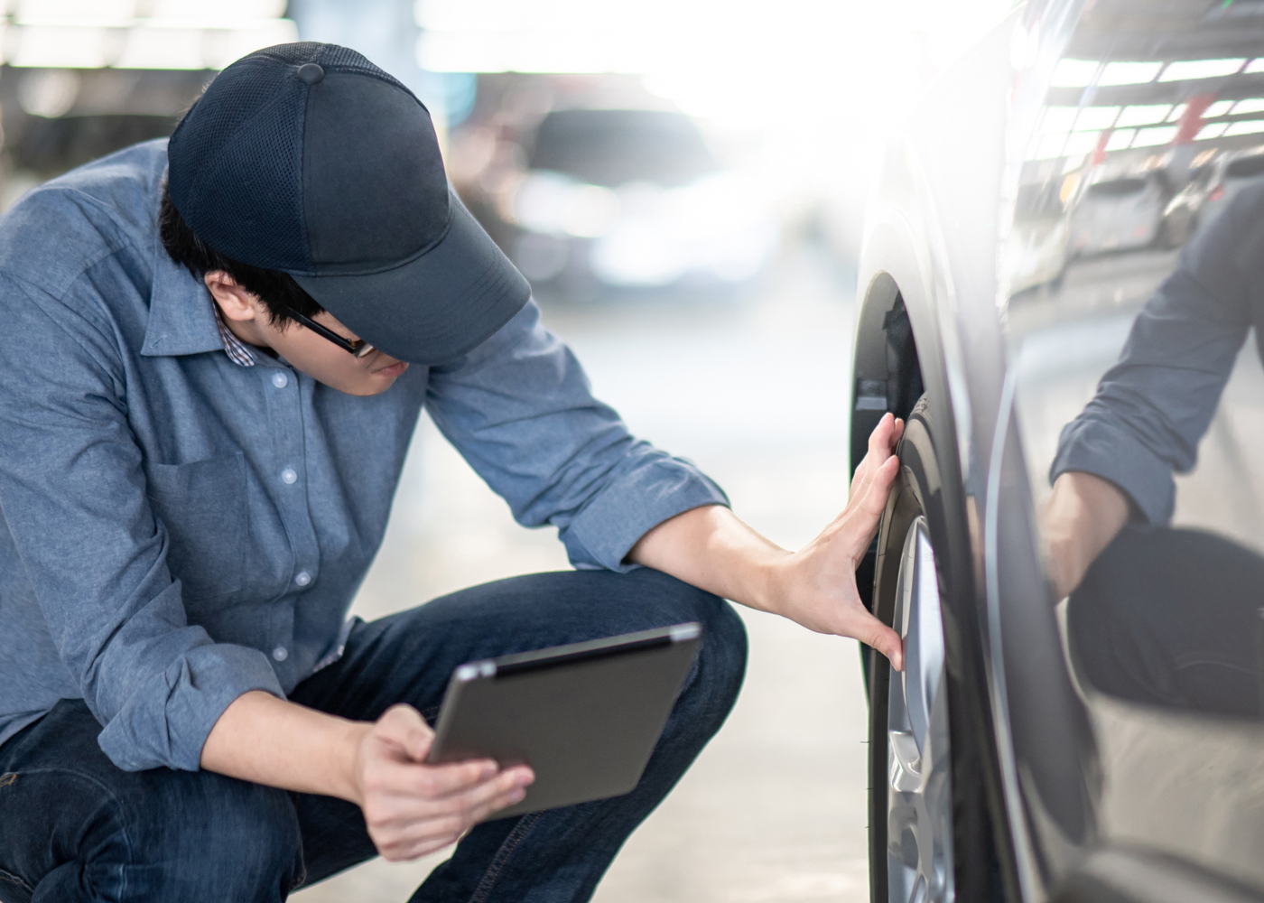 homem a analisar carro