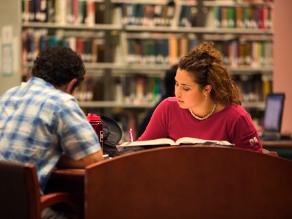 alunos do ensino superior na biblioteca a estudar