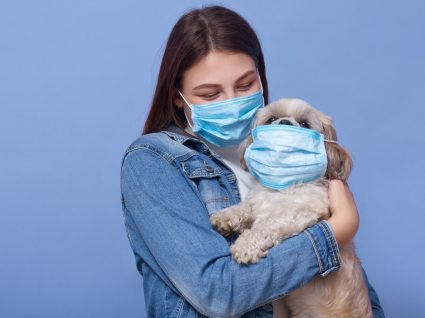 Mulher leva cão ao veterinário durante a pandemia