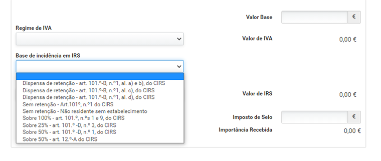 escolher base de incidência de IRS