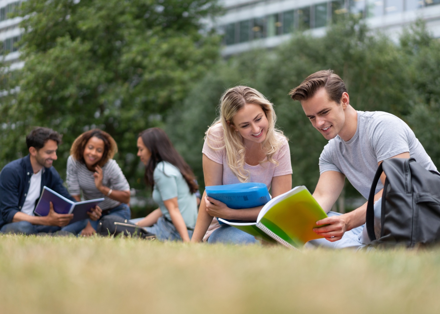 Estudantes universitários a conversar nos jardins da Faculdade