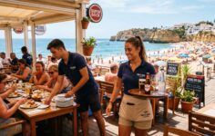 Trabalhadores sazonais em esplanada de restaurante junto à costa algarvia durante período de Verão